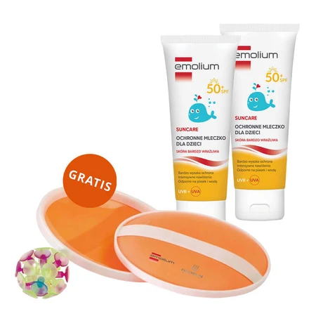 Набір Emolium Suncare, захисний лосьйон для дітей від 1 року, SPF 50+, 2 x 125 мл + пляжна гра "Злови м'яч" безкоштовно: ціни та характеристики