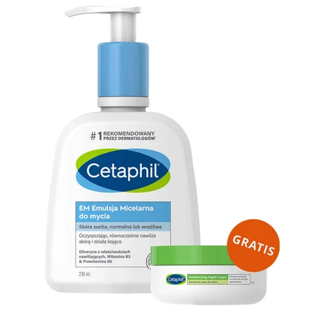 Cetaphil EM, міцелярна емульсія для догляду за волоссям для чутливої шкіри для всієї родини, 236 мл + крем для зволоження шкіри обличчя з кислотою гіалуроновою, крем для миття рук, 48 мл безплатно: ціни та характеристики