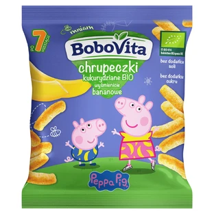 BoboVita Piggy Peppa Corn Crisps Bio, banane delicioase, după 7 luni, 5 x 20 g + cărți de joc de memorie, 24 bucăți gratuite