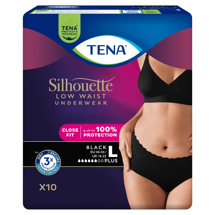 Tena Silhouette Plus Black, непомітні поглинаючі трусики для жінок, розмір L, 10 штук: ціни та характеристики