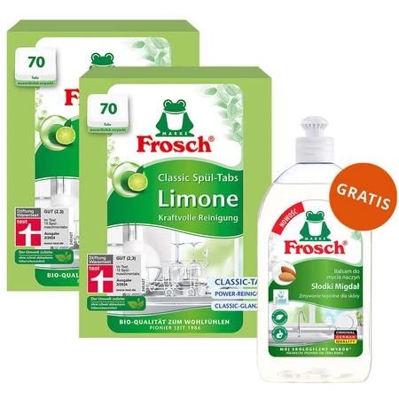 Набор Frosch, Таблетки для посудомоечных машин, Classic, лайм, 2 x 70 шт + жидкость для мытья посуды, миндаль, 500 мл бесплатно: цены и характеристики