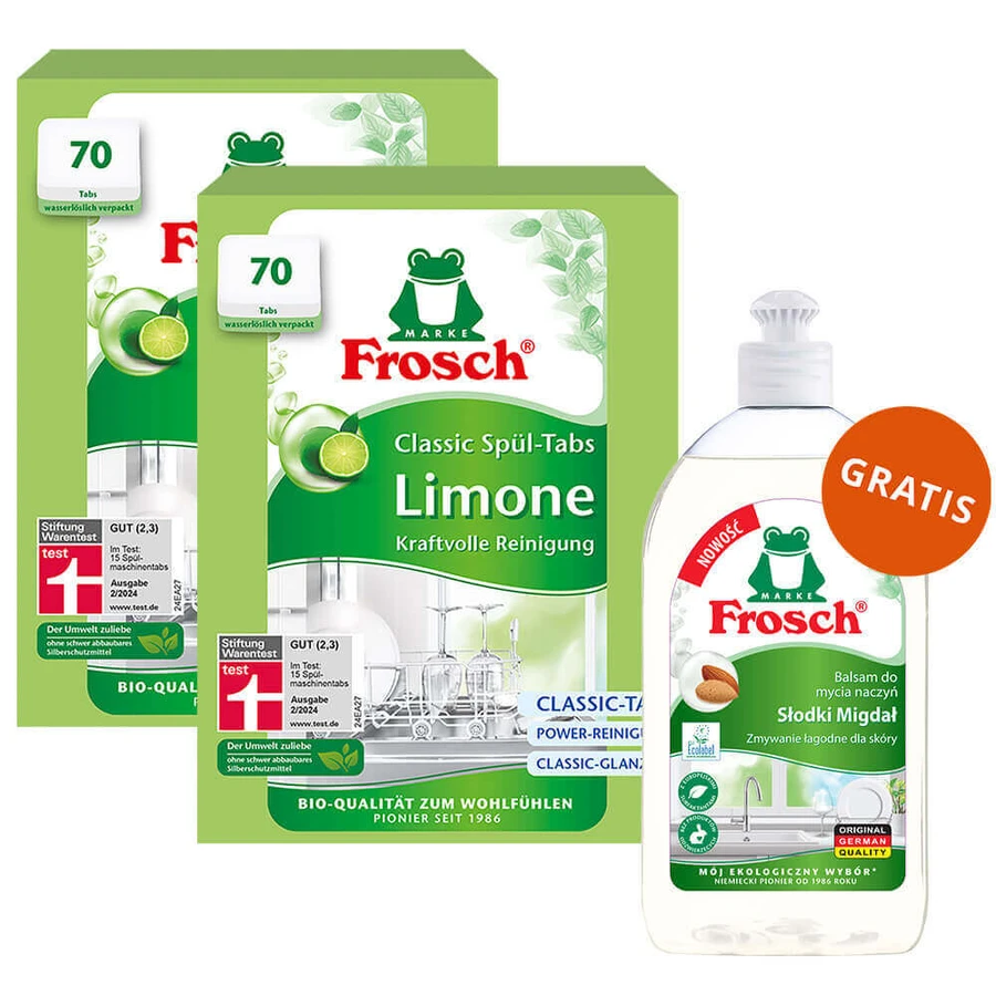 Набор Frosch, Таблетки для посудомоечных машин, Classic, лайм, 2 x 70 шт + жидкость для мытья посуды, миндаль, 500 мл бесплатно: цены и характеристики