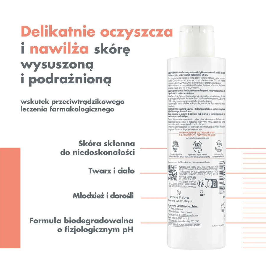 Набор Avene Cleanance Hydra, очищающий и успокаивающий крем для лица и тела после фармакологических процедур, 200 мл + успокаивающий крем для лица и тела, 40 мл: цены и характеристики