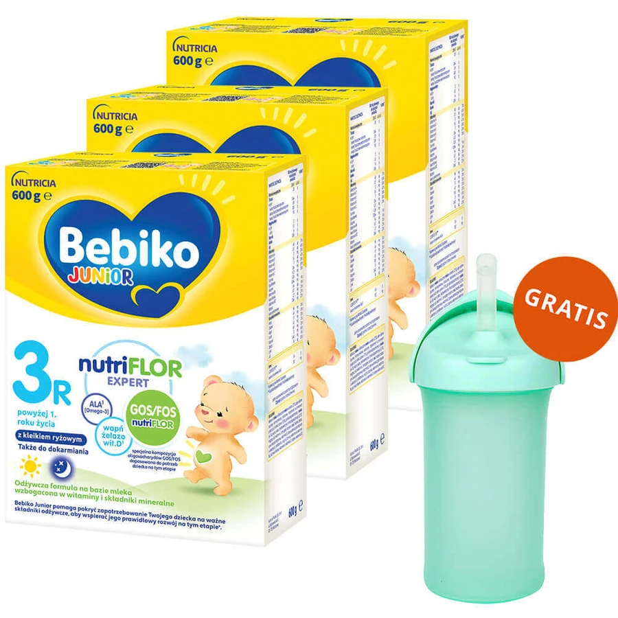 Набір Bebiko Junior 3R Nutriflor Expert, поживна молочна суміш з рисовою кашею, від 1 року, 3 х 600 г + Boon, пляшечка з соломинкою Swig, 265 мл безкоштовно: ціни та характеристики