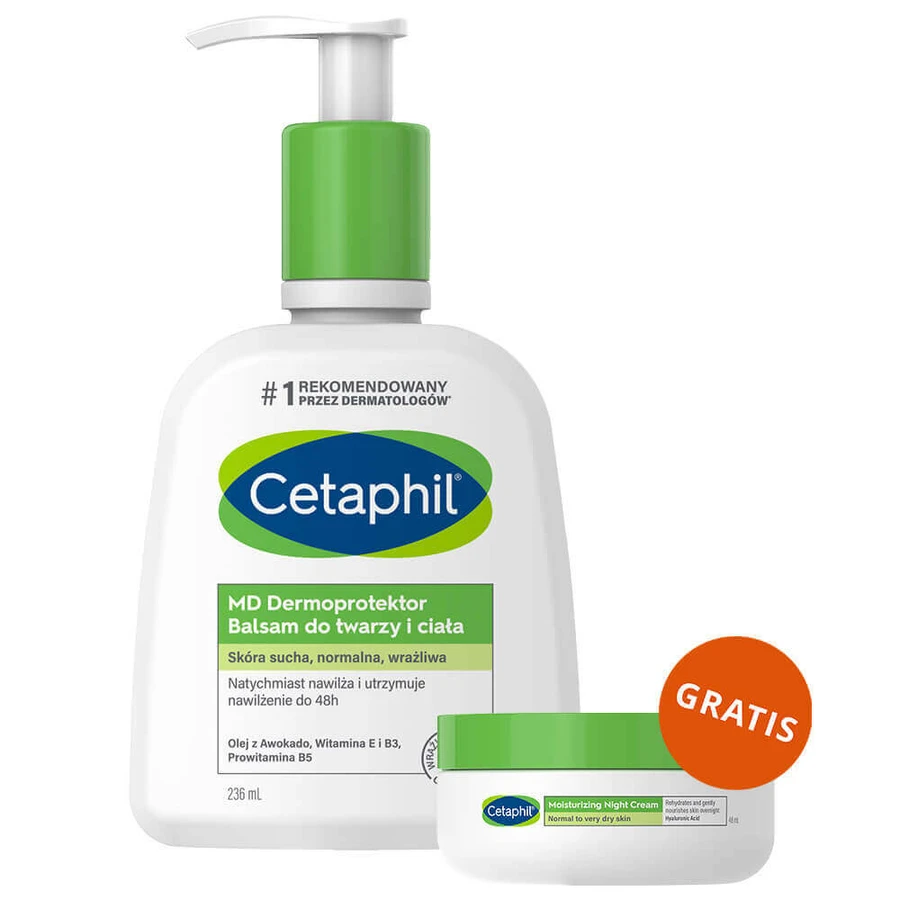 Cetaphil MD Dermoprotector, зволожуючий крем для обличчя та тіла, пігментований та чутливий, з помпою, 236 мл + зволожуючий крем для обличчя з кислотою гіалуроновою, крем-ноапте, 48 мл безкоштовно: ціни та характеристики