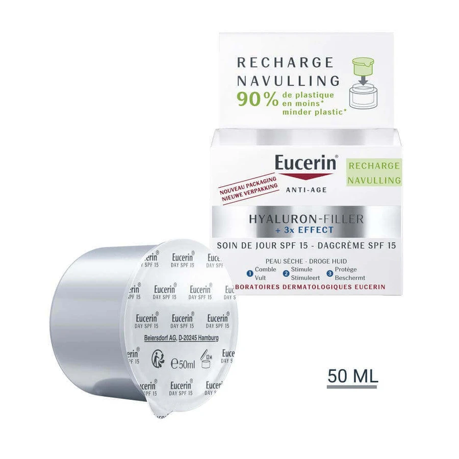 Eucerin Hyaluron-Filler + 3x Effect Refill денний догляд SPF 15 проти старіння для сухої шкіри 50мл: ціни та характеристики