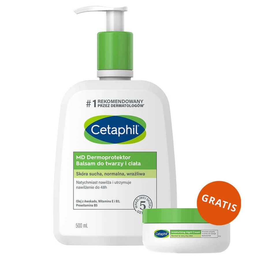 Cetaphil MD Dermoprotector, зволожуючий лосьйон для обличчя та тіла, для сухої та чутливої шкіри, з помпою, 500 мл + зволожуючий крем для обличчя з гіалуроновою кислотою, нічний крем, 48 мл безкоштовно: ціни та характеристики
