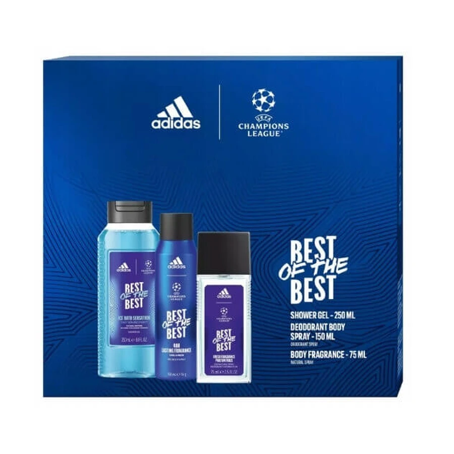 Adidas UEFA Champions League Best of The Best Мужской подарочный набор Дезодорант с распылителем 75 мл + Дезодорант 150 мл + Гель для душа 250 мл: цены и характеристики