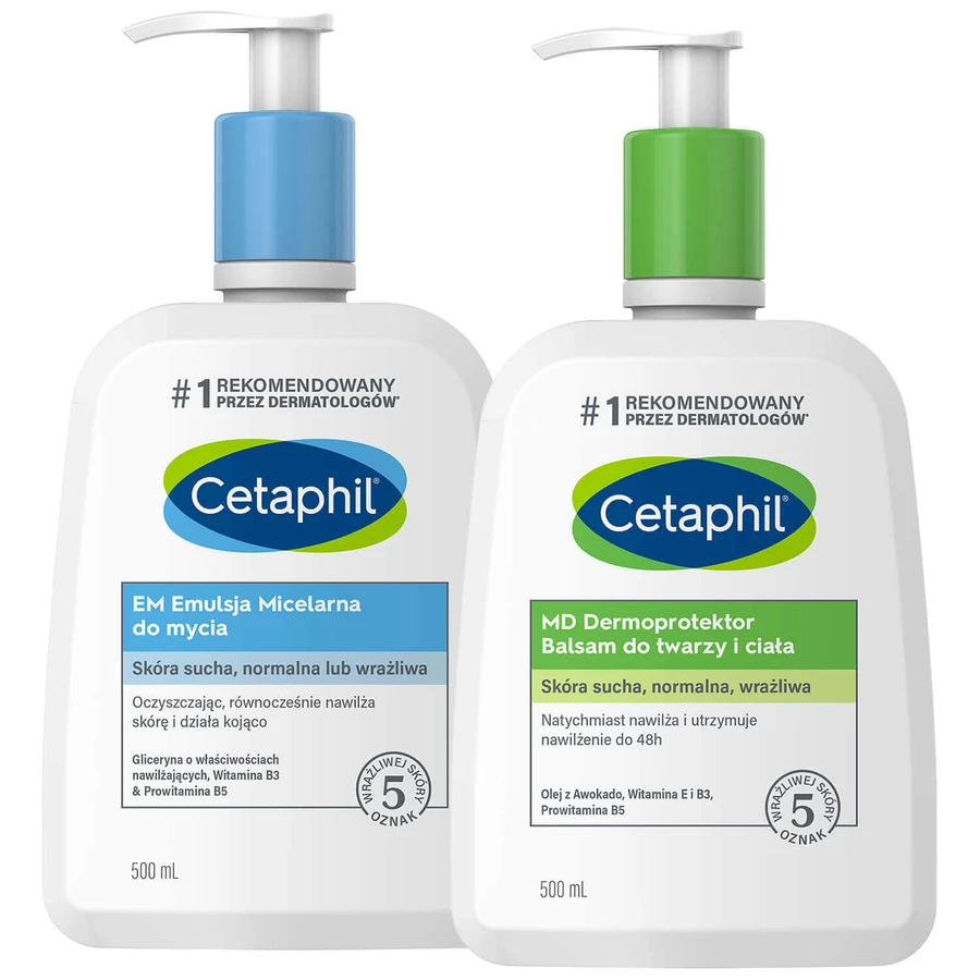 Набор Cetaphil Очищение и увлажнение, Мицеллярная эмульсия для чувствительной кожи, 500 мл + Увлажняющий лосьон для лица и тела, 500 мл: цены и характеристики
