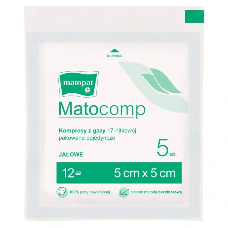 Матопат Matocomp, стерильні марлеві компреси, 17-ниткові, 12 шарів, 5 см х 5 см, 5 штук: ціни та характеристики