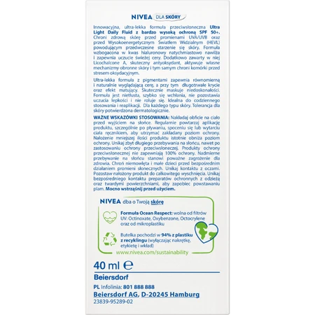 Nivea Sun UV Face Ultra Light Daily Fluid, средний оттенок, SPF 50+, 40 мл: цены и характеристики