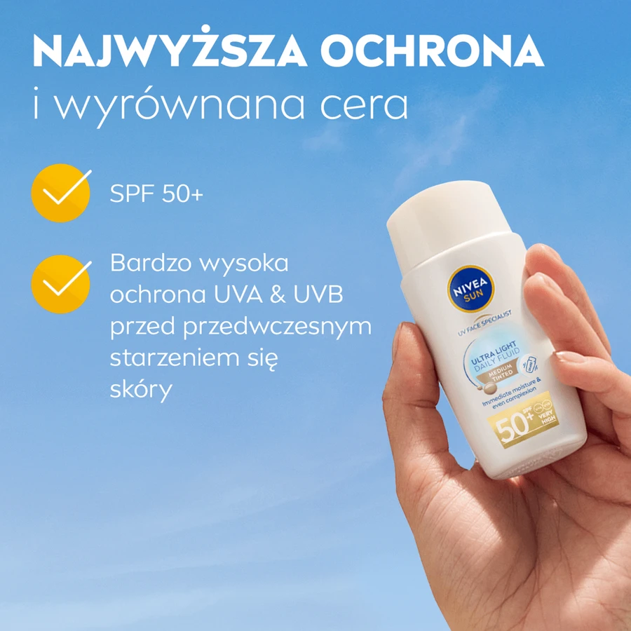 Nivea Sun UV Face Ultra Light Daily Fluid, средний оттенок, SPF 50+, 40 мл: цены и характеристики