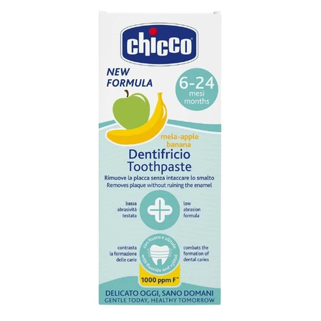Chicco, дитяча зубна паста, після 6 місяців, зі смаком яблука та банана, з фтором, 50 мл: ціни та характеристики