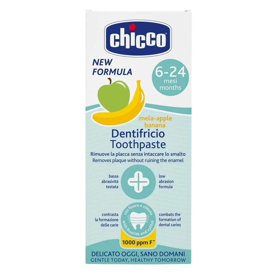 Chicco, дитяча зубна паста, після 6 місяців, зі смаком яблука та банана, з фтором, 50 мл: ціни та характеристики