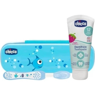 CHICCO Набор зубная щетка и зубная паста с футляром Always Smiling голубой 12м+ 1×1 шт