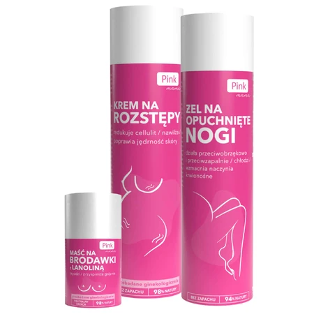 Набір Pink Mama, unguent pentru mameloane cu lanolină, 50 ml + cremă pentru vergeturi, 200 ml + gel pentru picioare umflate, 200 ml: ціни та характеристики