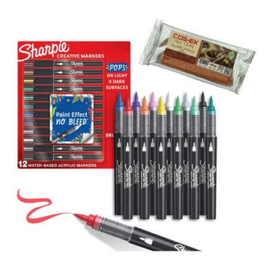 Набір з 12 акрилових маркерів Sharpie з пензликом + пластилін білий 250 гр Collex: ціни та характеристики
