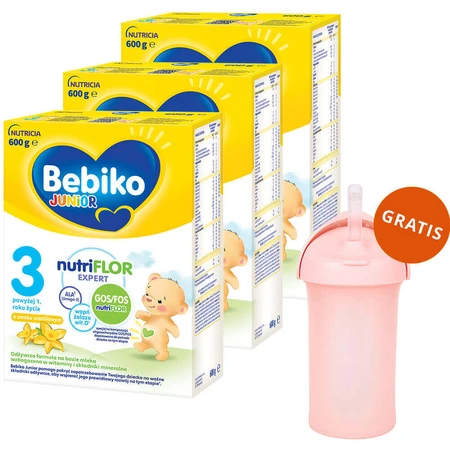 Набір Bebiko Junior 3 Nutriflor Expert, поживна молочна суміш, від 1 року, зі смаком ванілі, 3 x 600 г + Boon, соломинка для ковтання, 265 мл безкоштовно: ціни та характеристики