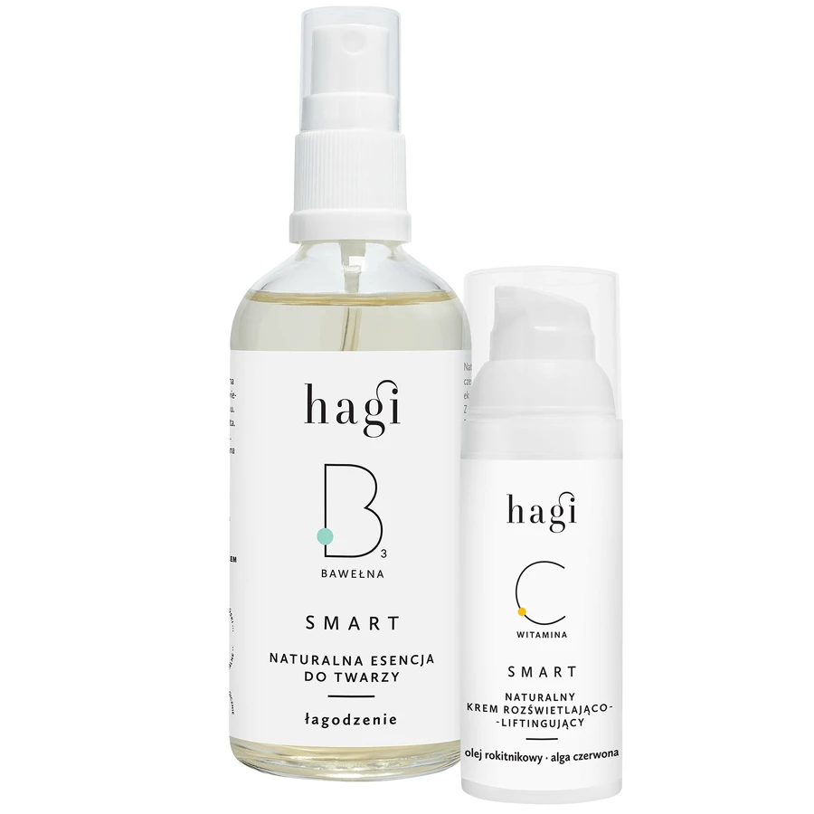 Набір Hagi Smart C, крем для обличчя натуральний освітлюючий та ліфтинговий з вітаміном С, 50 мл + Smart B, крем для обличчя натуральний з бальзамом, заспокійливий, 100 мл за 1 копійку: ціни та характеристики