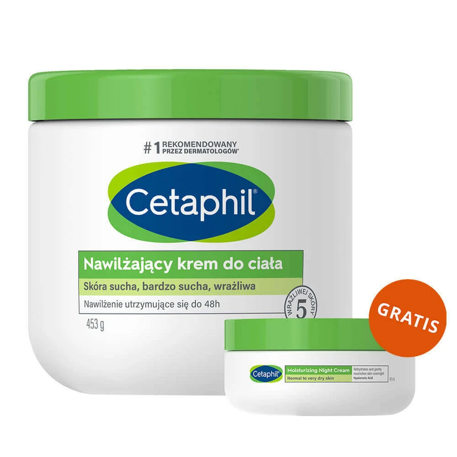 Cetaphil, зволожуючий крем для тіла, для всієї родини, 453 г + зволожуючий крем для обличчя з кислотою гіалуроновою, крем-ноапель, 48 мл безкоштовно: ціни та характеристики