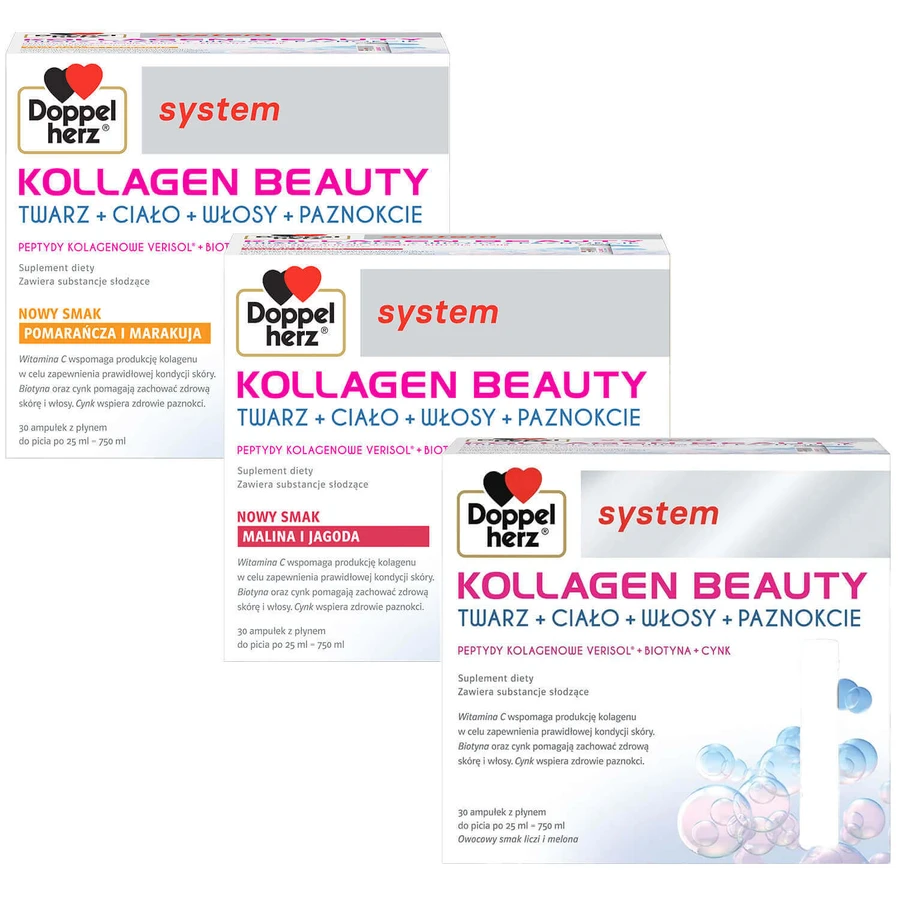 Набір Doppelherz System Kollagen Beauty, аромат апельсина та маракуї, 25 мл х 30 ампул + аромат малини та чорниці, 25 мл х 30 ампул + аромат лічі та дині, 25 мл х 30 ампул: ціни та характеристики
