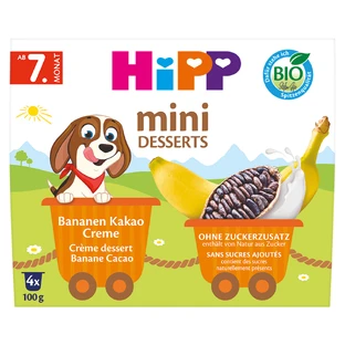 HiPP Mini Dessert Bio, крем с бананом и какао, после 7 месяцев, 4 х 100 г.