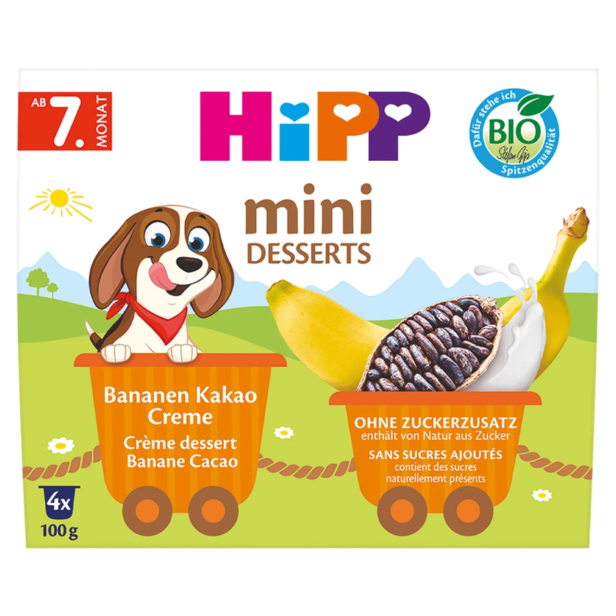 HiPP Mini Dessert Bio, крем с бананом и какао, после 7 месяцев, 4 х 100 г.: цены и характеристики