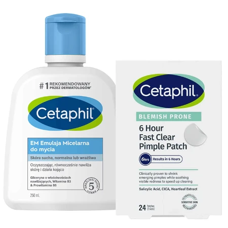 Набір для очищення та догляду Cetaphil EM, Міцелярна емульсія для чутливої шкіри, для всієї родини, 250 мл + точкові пластирі від екземи, 24 шт.: ціни та характеристики