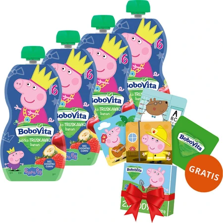 Набор BoboVita Peppa Pig Mousse într-un tub, măr și căpșuni cu banane, după 6 luni, 4 x 100 g + cărți de joc de memorie, 24 gratuite: цены и характеристики