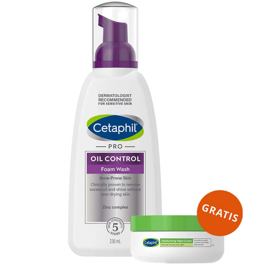 Cetaphil Pro Oil Control, spumă de curățare facială, piele predispusă la acnee, 236 ml + cremă hidratantă facială cu acid hyaluronic, cremă de noapte, 48 ml gratuit: цены и характеристики