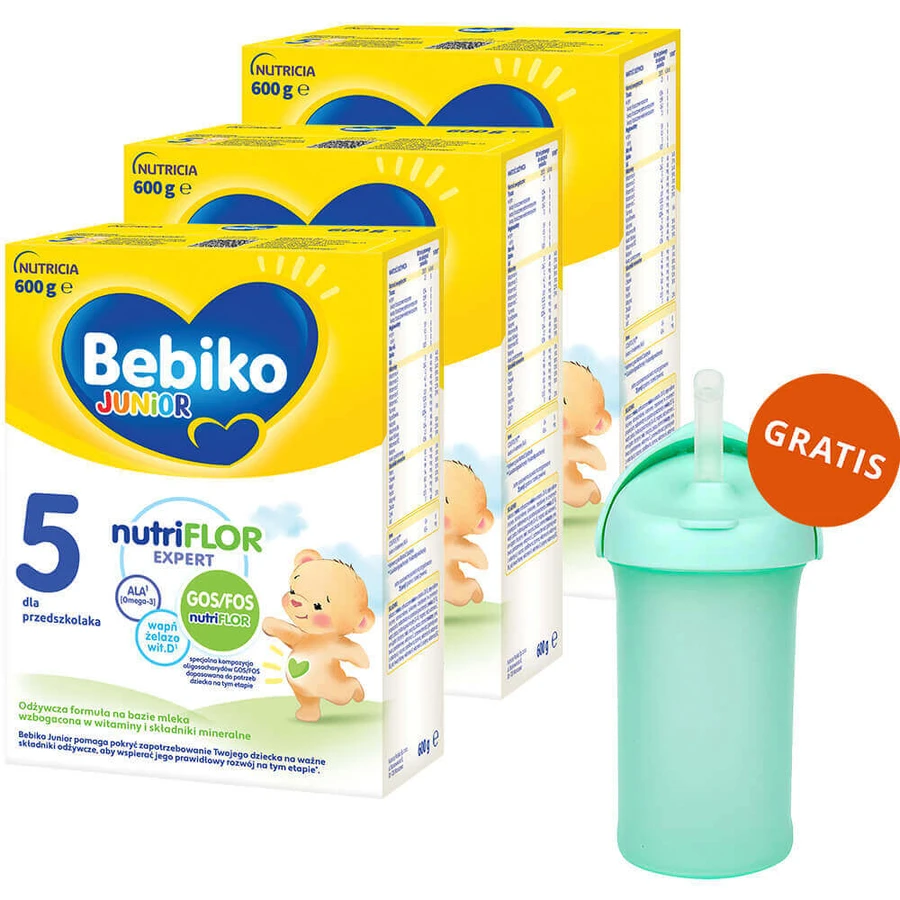 Набор Bebiko Junior 5 Nutriflor Expert, питательная молочная смесь, для дошкольников, 3 x 600 г + Boon, бидон с соломинкой, 265 мл бесплатно: цены и характеристики