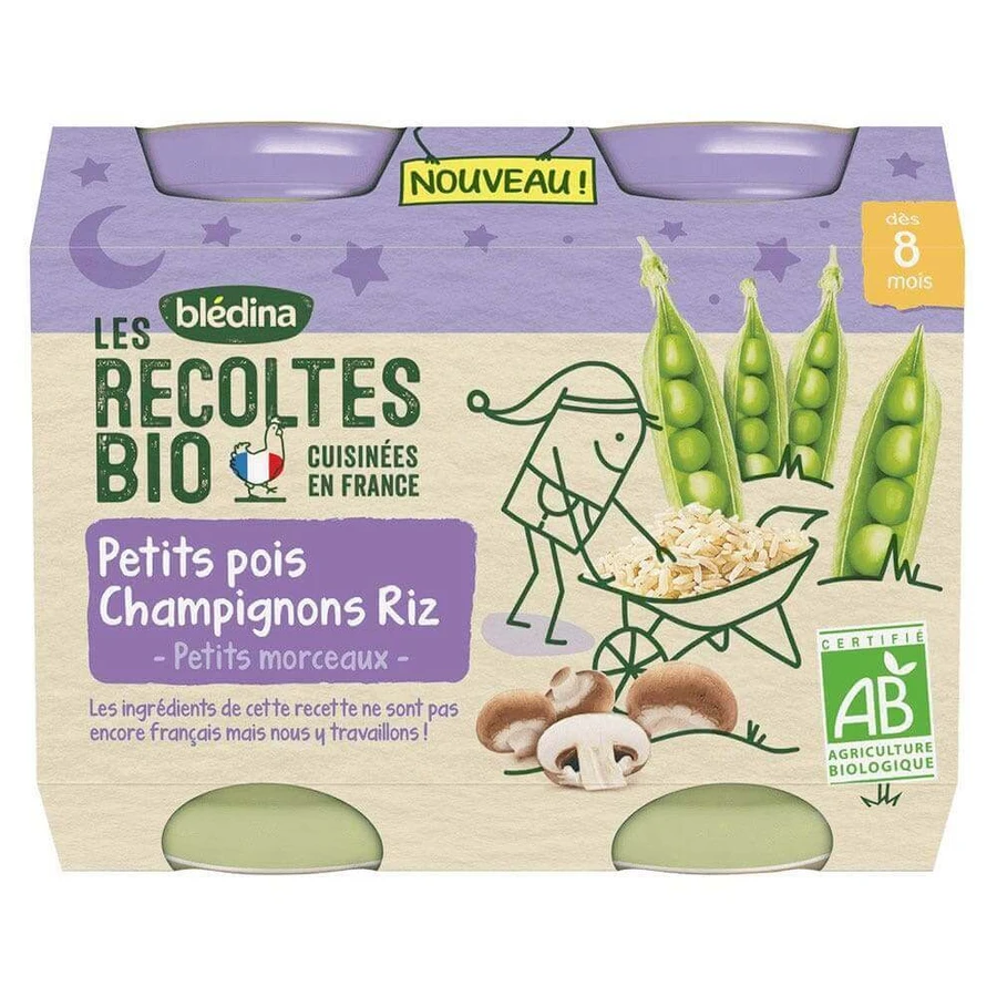 Blédina Les Recoltes Organic Baby Night Petit Pois Champignons Riz Bio 2х200г С 8 месяцев Bledina: цены и характеристики