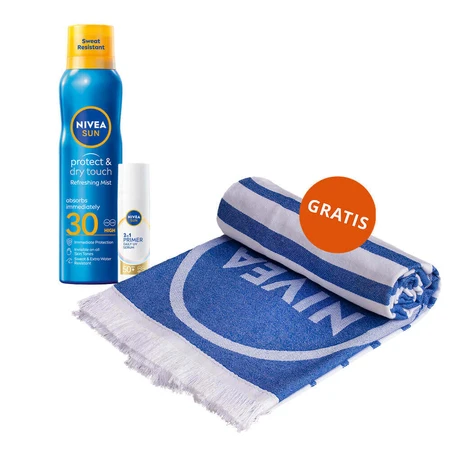 Nivea Sun Protect & Dry Touch Set, Сонцезахисний лосьйон-спрей, SPF 30, 200 мл + Сироватка для обличчя 2-в-1, SPF 50+, 30 мл + пляжний рушник безкоштовно: ціни та характеристики