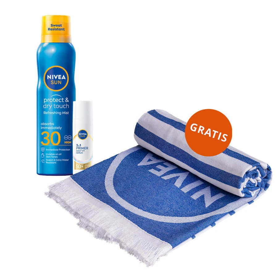 Nivea Sun Protect & Dry Touch Set, Сонцезахисний лосьйон-спрей, SPF 30, 200 мл + Сироватка для обличчя 2-в-1, SPF 50+, 30 мл + пляжний рушник безкоштовно: ціни та характеристики