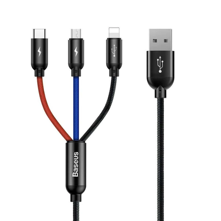 Baseus Three Primary Colors 3in1 USB-A - micro USB / Lightning / USB-C 3.5A кабель 1.2 м - чорний: ціни та характеристики