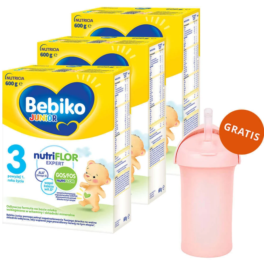 Набор Bebiko Junior 3 Nutriflor Expert, питательная молочная смесь, старше 1 года, 3 x 600 г + бидон с соломинкой Boon, Swig, 265 мл бесплатно: цены и характеристики
