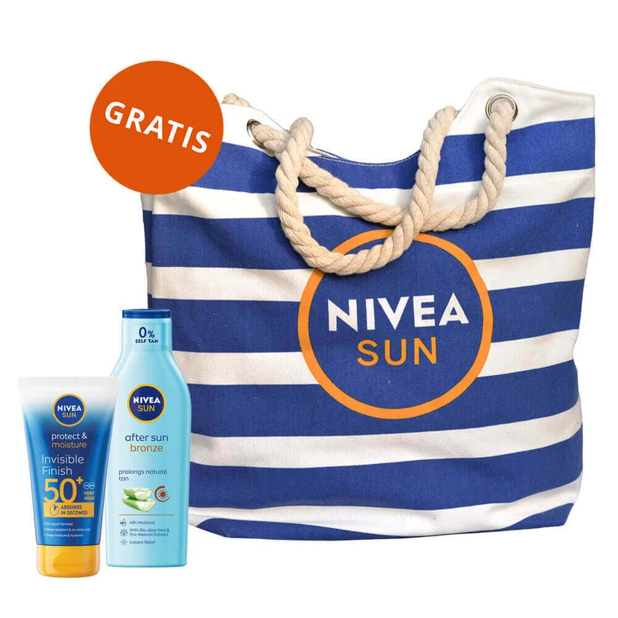 Набор Nivea Sun Invisible Finish, loțiune solară hidratantă, SPF 50+, 150 мл + loțiune prelungitoare după plajă, 200 мл + geantă de plajă gratuită: цены и характеристики