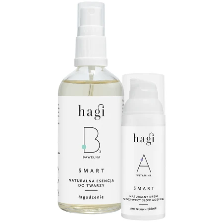 Hagi Smart A, натуральный питательный крем Slow Agine с про-ретинолом и облепихой, 50 мл + Smart B, натуральная эссенция для лица с хлопком, успокаивающая, 100 мл за 1 пенни: цены и характеристики