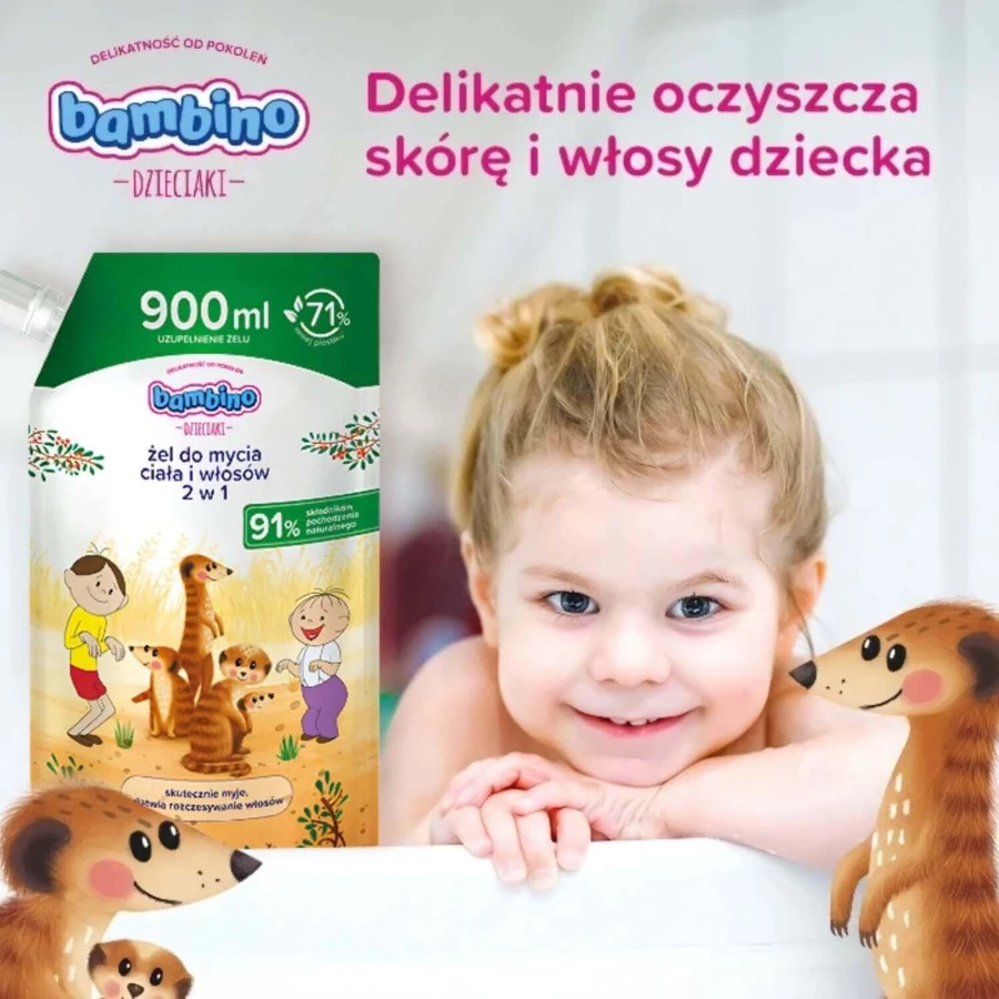 Bambino Kids, Гель для миття тіла та волосся 2-в-1, Surykats, запас, 900 мл: ціни та характеристики
