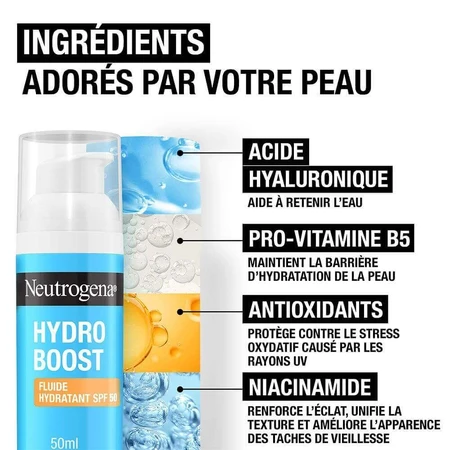 Гіалуроновий флюїд Neutrogena Hydro Boost з гіалуроновою кислотою В5 та ніацинамідом SPF 50мл: ціни та характеристики