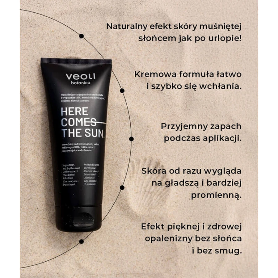 Veoli Botanica Here Comes The Sun, розгладжуючий і бронзуючий лосьйон для тіла з веганським ДГК, екстрактом кави, соком алое вера і пантенолом, 200 мл: ціни та характеристики