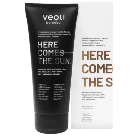 Veoli Botanica Here Comes The Sun, розгладжуючий і бронзуючий лосьйон для тіла з веганським ДГК, екстрактом кави, соком алое вера і пантенолом, 200 мл: ціни та характеристики