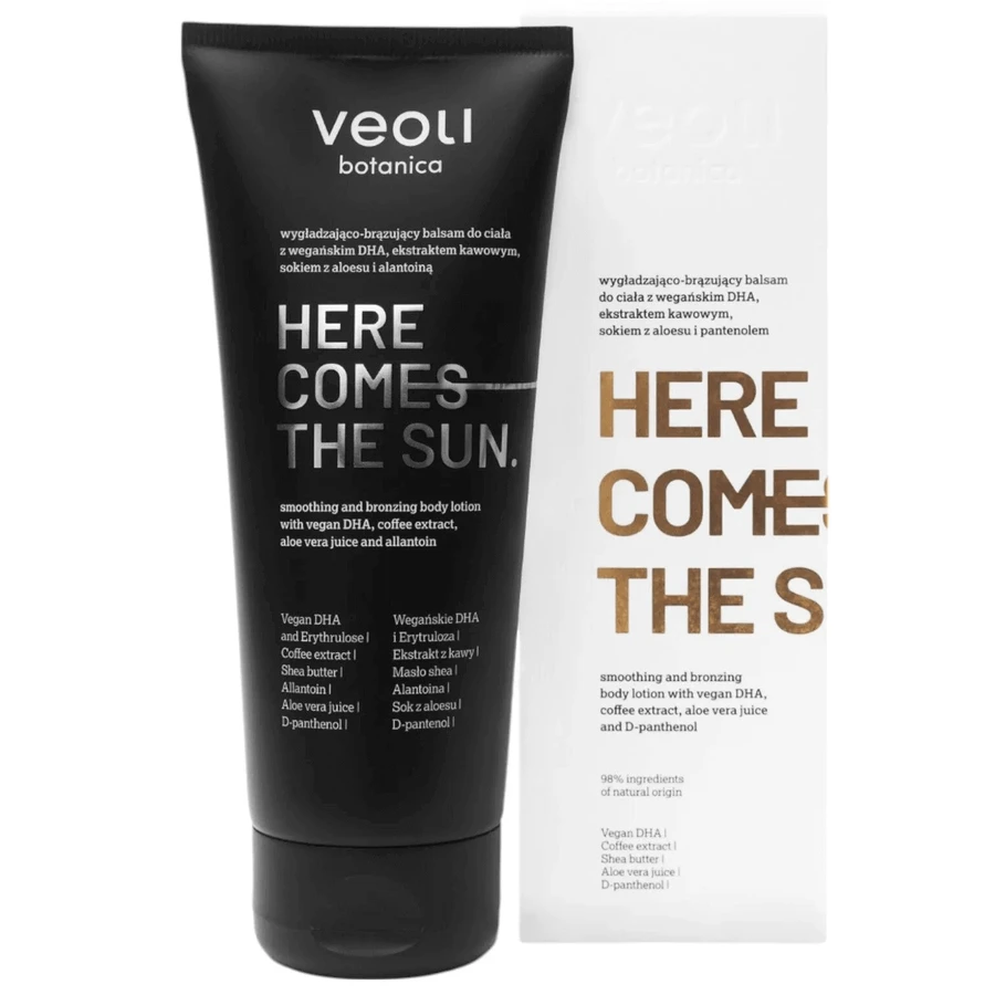 Veoli Botanica Here Comes The Sun, розгладжуючий і бронзуючий лосьйон для тіла з веганським ДГК, екстрактом кави, соком алое вера і пантенолом, 200 мл: ціни та характеристики