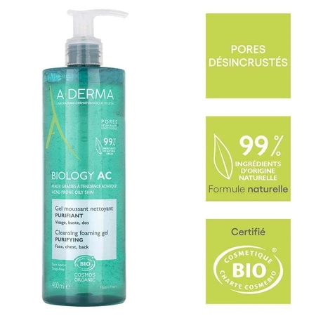 A-Derma Biologie AC Organic Очищуючий гель для жирної та вугрової шкіри 400 мл: ціни та характеристики