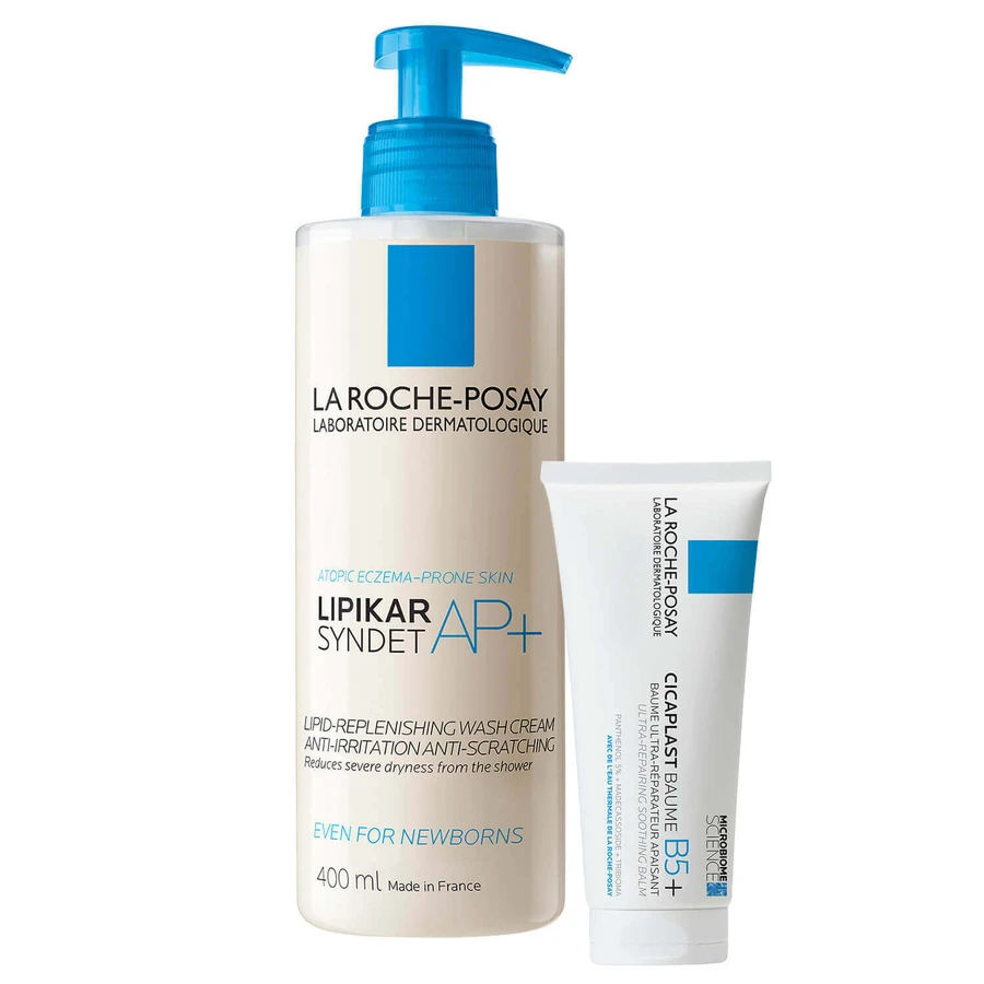 Набір La Roche-Posay Cicaplast Baume B5+, заспокійливий регенеруючий лосьйон, 100 мл + Lipikar Syndet AP+, крем для очищення тіла від народження, 400 мл: ціни та характеристики