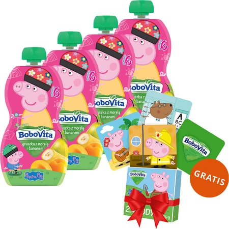 Набір BoboVita Peppa Pig Мус у тюбику, груша з абрикосом та бананом, після 6 місяців, 4 х 100 г + картки з пам'яттю, 24 безкоштовно: ціни та характеристики