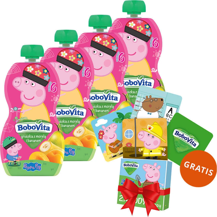 Набір BoboVita Peppa Pig Мус у тюбику, груша з абрикосом та бананом, після 6 місяців, 4 х 100 г + картки з пам'яттю, 24 безкоштовно: ціни та характеристики