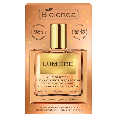 Bielenda Lumiere, багатофункціональна суха олія для догляду за обличчям, тілом та волоссям з частинками золота, 50 мл: ціни та характеристики