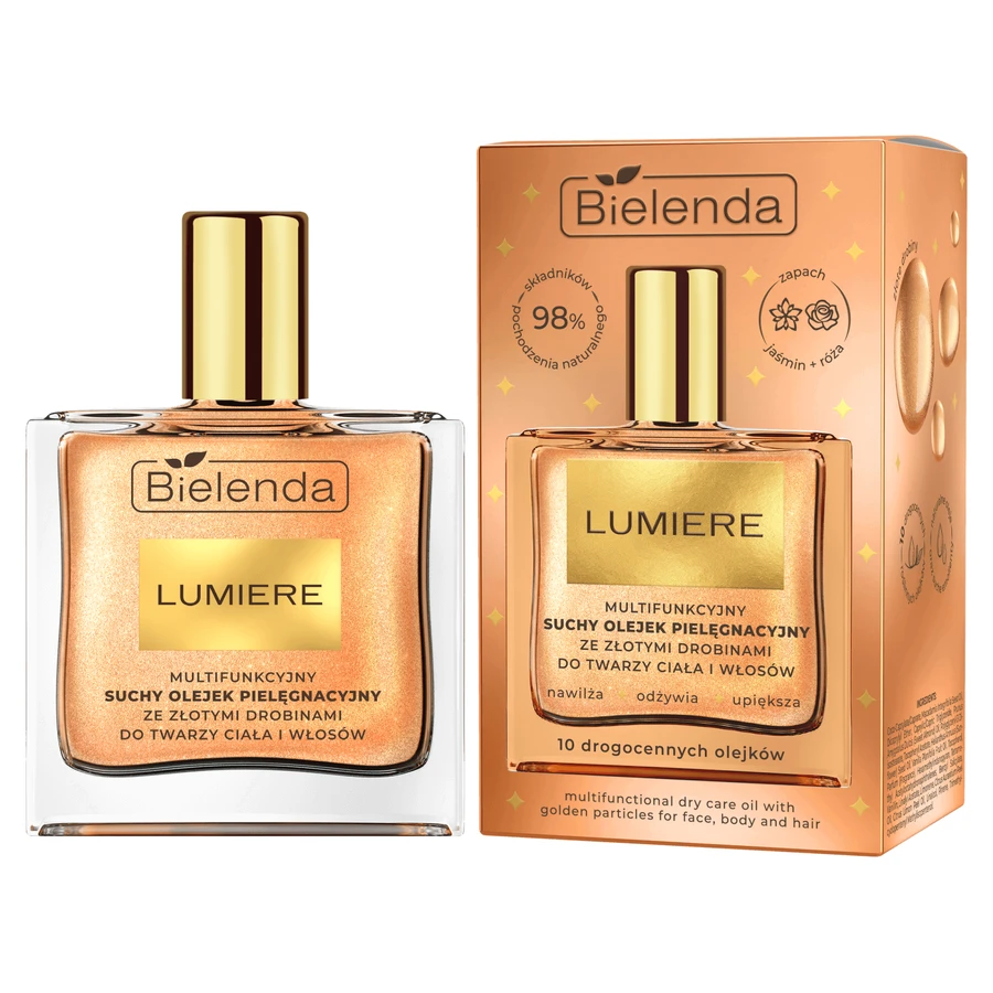 Bielenda Lumiere, багатофункціональна суха олія для догляду за обличчям, тілом та волоссям з частинками золота, 50 мл: ціни та характеристики