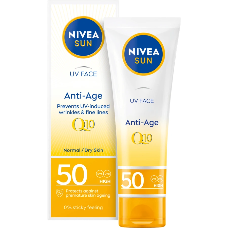 Набір Nivea Sun UV Face Q10 Anti-Age, антивіковий сонцезахисний крем, SPF 50, 50 мл + зволожуючий сонцезахисний спрей, SPF 20, 200 мл + безкоштовна пляжна сумка: ціни та характеристики